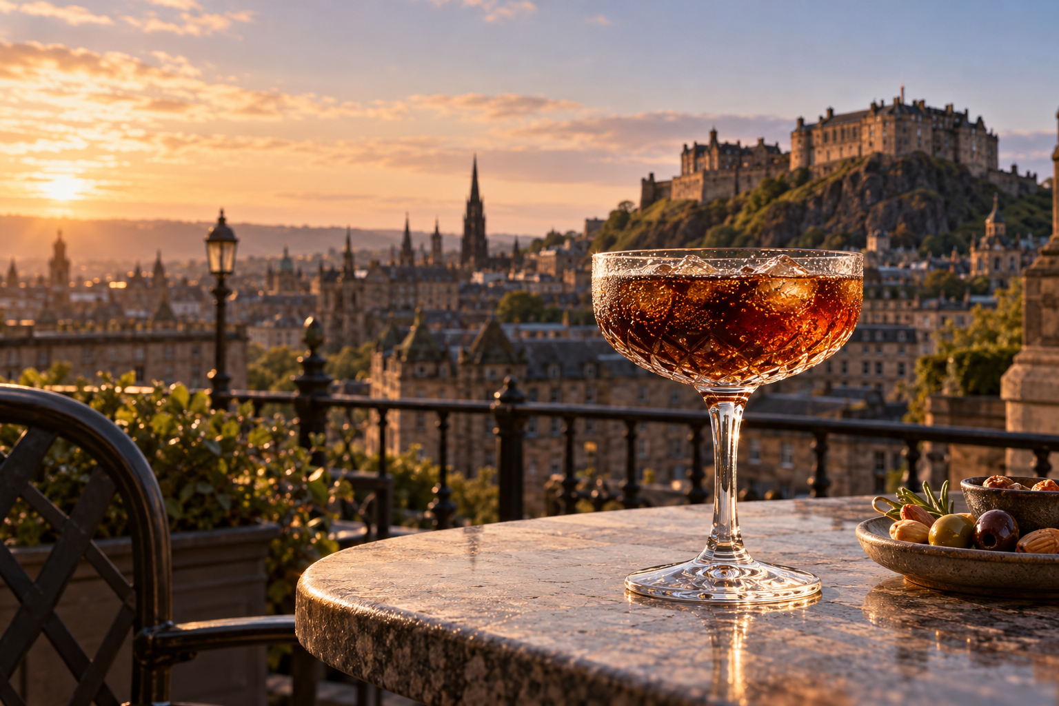 Illustrative Edinburgh setting with a sparkling cola in a cut-crystal coupe and Edinburgh Castle beyond